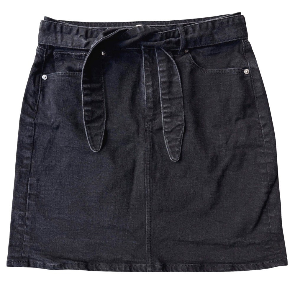 LOFT Outlet Petite 6P Black Denim Mini Skirt Paperbag Waist Belted Tie Casual